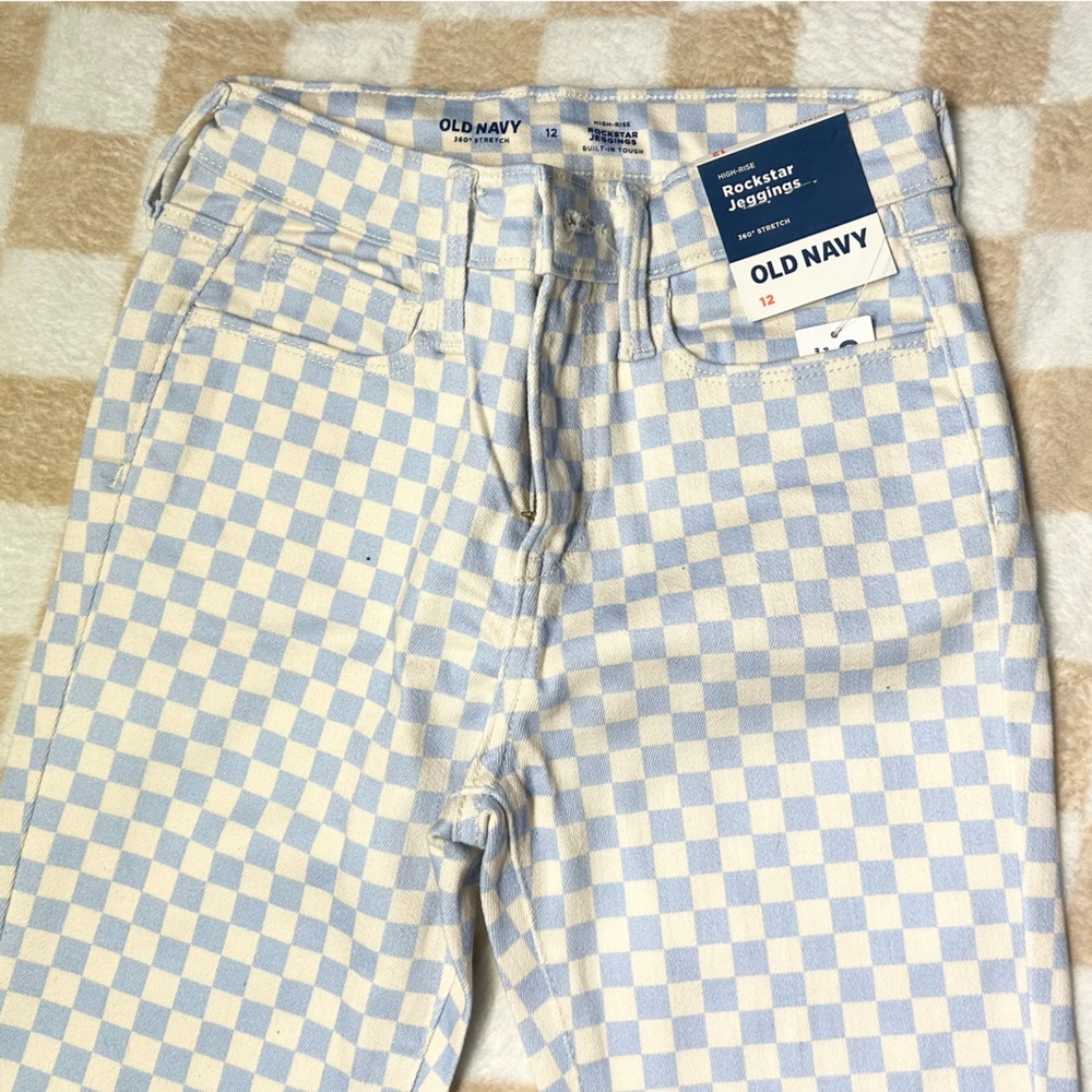 Girls Old Navy Light Blue and White Checkered Pants, rockstar jeggings - Picture 2 of 7